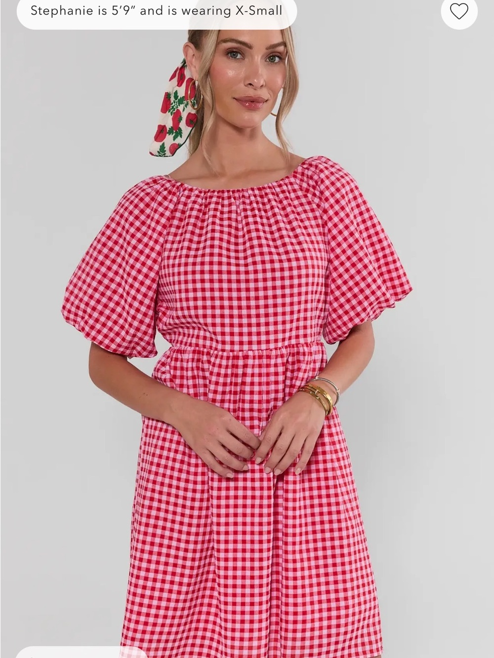 Red Gingham Midi Dress with Puff Sleeves